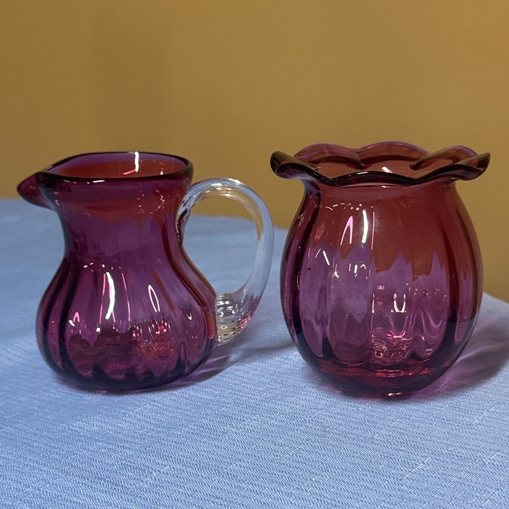 Pilgrim Cranberry Glass Sugar and Creamer set ribbed clear handles Hand-blown